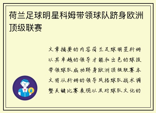 荷兰足球明星科姆带领球队跻身欧洲顶级联赛