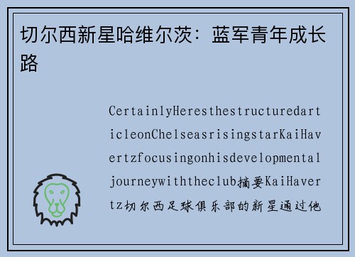 切尔西新星哈维尔茨：蓝军青年成长路